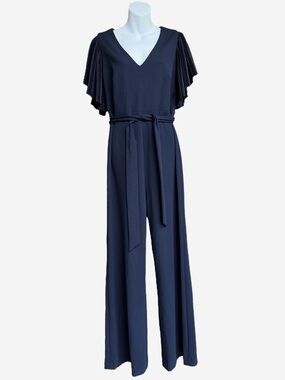 Eliza J Navy V-Neck Wide-Leg Jumpsuit with Pleated Flutter Sleeves